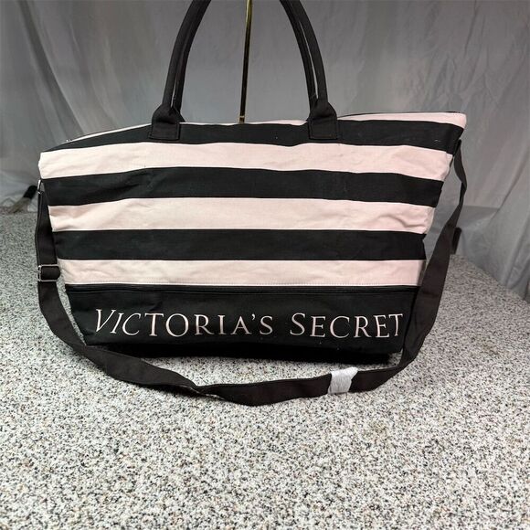 Victoria's Secret Expandable Weekender Tote Bag Pink/Black Stripe - Picture 1 of 8